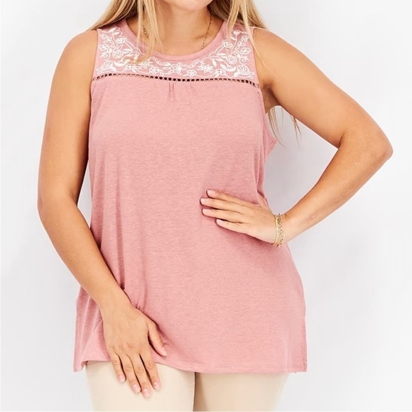 NWT StitchFix Market & Spruce Embroidered Linen Round Neck Tank Pink - Picture 1 of 5